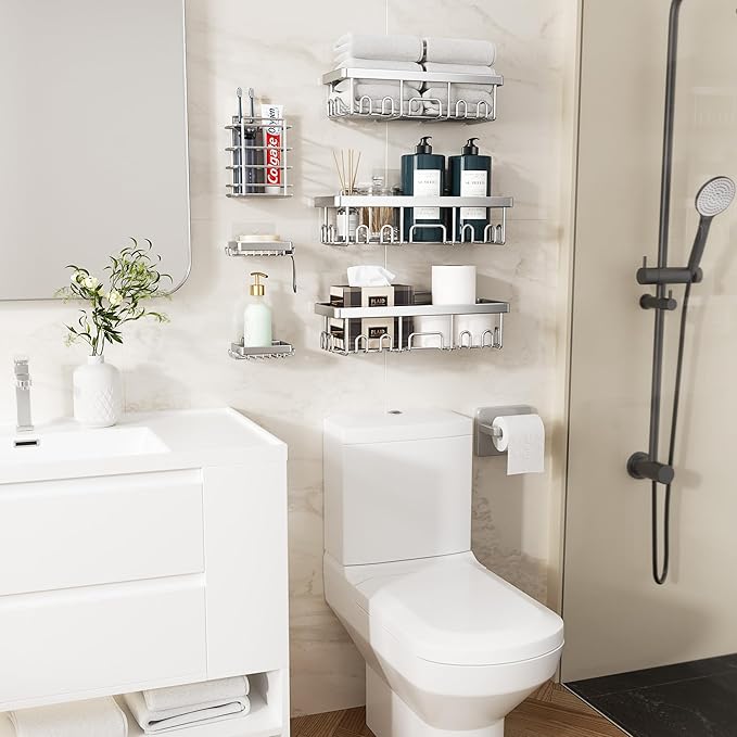 Veken Shower Caddy 6-Pack, Family Choice Award Winner, Large Wall Mounted Shower Rack, Bathroom Shelves Over Toilet, Organizer Storage Accessories with Soap Dish & Toothbrush Holder, Silver