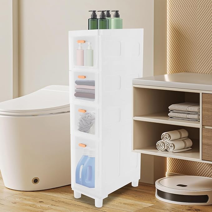 Slim Bathroom Storage Cabinet with 4 Drawers, Bathroom Floor Storage Cabinet, Narrow Storage Organizer for Small Spaces