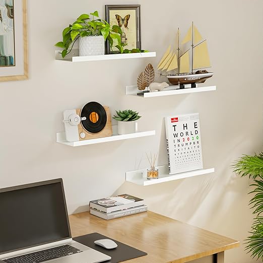 BYCY Metal Floating Shelves Set of 4,15.7 inch Floating Bookshelves for Wall Mounted,Wide Magnetic Book Display Wall Shelves for Classrooms Kitchen Bedroom Room Decor (White)