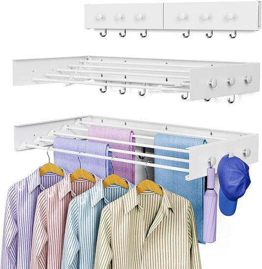 Drying Rack Clothing,Clothes Drying Rack Wall Mounted,Laundry Drying Rack Wall Mount,Foldable,Collapsible,60 lb Capacity 5 Aluminium Poles with 6 Hooks (White, 31.5'')