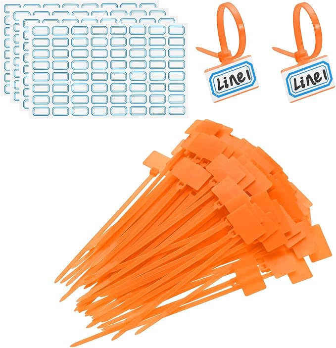 PATIKIL 4inch Zip Ties, 200pcs Cable Ties Tags Nylon Wire Marking Label Self Locking Plastic Straps Write on with Label Tags Paper for Organization Cord Network Ethernet Marking, Orange