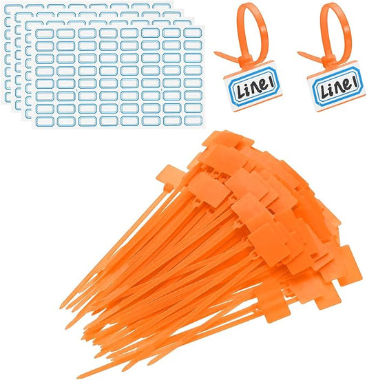 PATIKIL 4inch Zip Ties, 200pcs Cable Ties Tags Nylon Wire Marking Label Self Locking Plastic Straps Write on with Label Tags Paper for Organization Cord Network Ethernet Marking, Orange