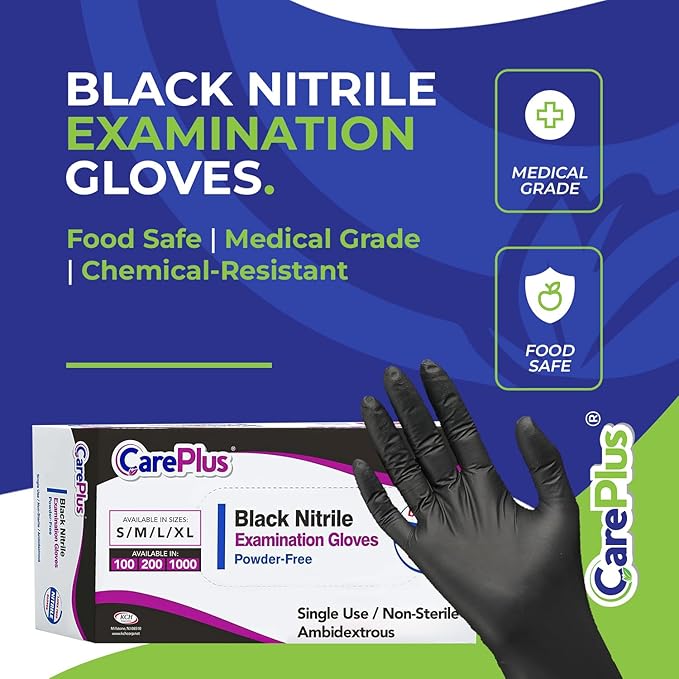 CARE PLUS Nitrile Gloves for Medical Use - Powder & Latex-Free - Black/Blue - S, M, L, XL - 100, 200, 1000