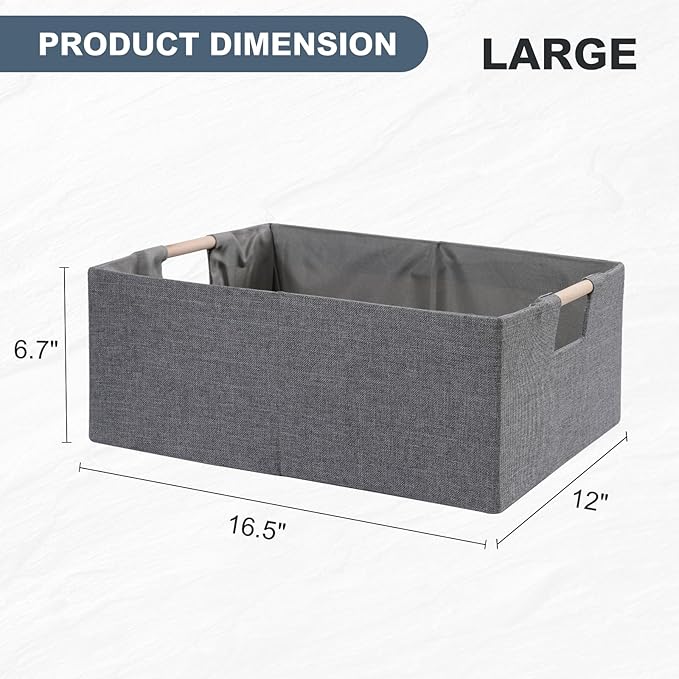 ANMINY 2PCS Storage Baskets for Organizing Collapsible Fabric Storage Bins Boxes with Wood Handles Closet Shelves Cube Organizer Bins Clothes Laundry Storage Container - Large, Gray