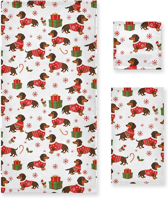 Christmas Winter Towels Set of 3 Dachshund Dog Christmas Snowflakes Bathroom Towel Soft Absorbent Bath Hand Towels Washcloth Guest Towel Sets Xmas Holiday Decor