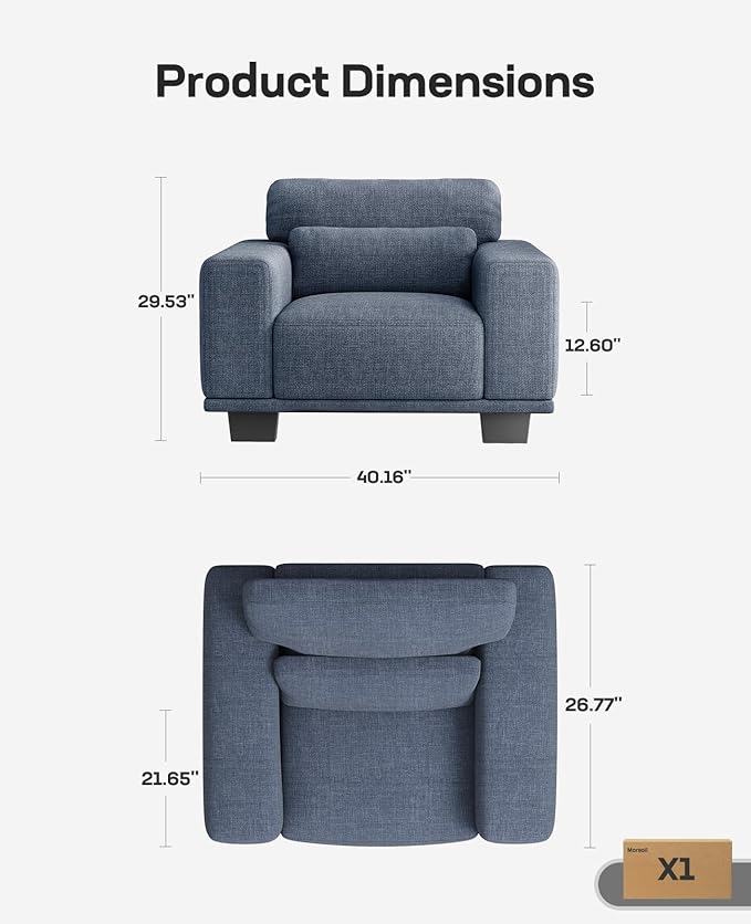 Marsail Single Seater Couch, 40 Inch Sofa with Wide Armrests & Deep Cushions, Modern Linen Fabric Sofas for Living Room, Comfy Upholstered Couch with Removable Washable Covers, Blue