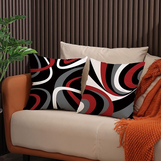 Red and Black Throw Pillow Covers 20x20 Set of 4,Grey Modern Abstract Pillowcases,Gray Geometric Circle Pattern Decor for Sofa Couch Living Room Bedroom Home Outdoor
