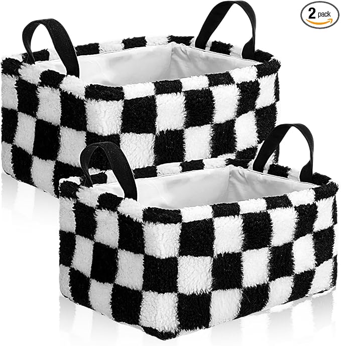 2 Pcs Black and White Checkered Storage Baskets 14x10 Inch Foldable Fabric Storage Bin with Handle Decorative Closet Bins Organizer for Home Office Laundry Countertop Tabletop Car