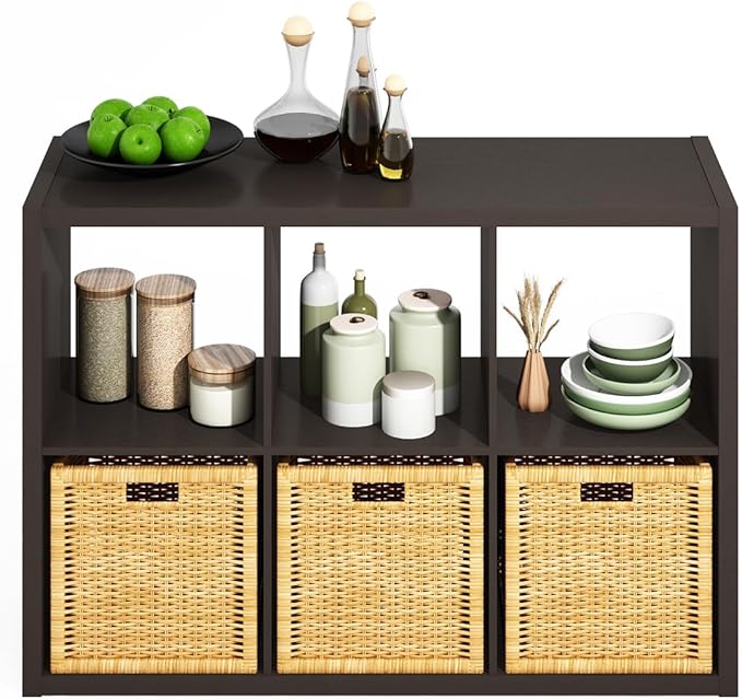 Furinno Hermite 6-Cube Open Shelves Kitchen Storage, Kitchen Island, Bakers Rack, Buffet Sideboard, Black Dark Oak