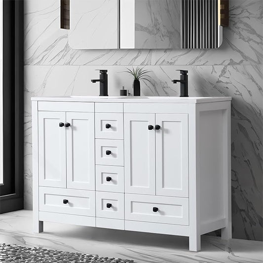 eclife 48" Bathroom Vanities with Sink Combo, Modern Thickened Wood Bathroom Storage Cabinet w/Undermount Double Sink, Matte Black Faucet Drain, Painted Surface, White