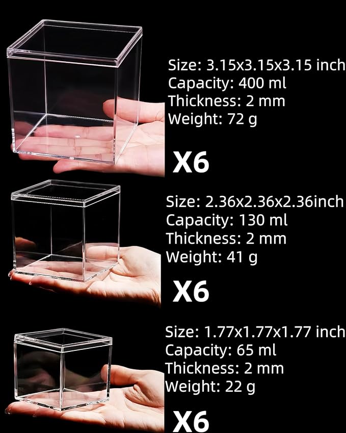 Clear Acrylic Storage Box Set, 18 Pack Small Plastic Containers with Lids, 3 Sizes for Jewelry, Rocks, Specimens & Candy, Mini Square Cubes for Party Favors & Collectibles (3.15"/2.36"/1.7")