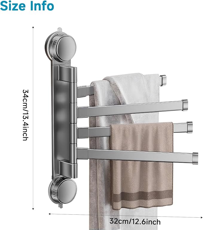 Suction Cup Towel Rack,Space Saving Wall Mounted Swivel Towel Holder, SUS304 Stainless Steel 4-Arm No Drilling Towel Bar for Bathroom, Kitchen-Grey