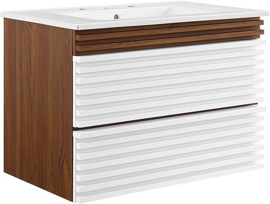 Modway Render 30" Wall-Mount Bathroom Vanity in White Walnut White