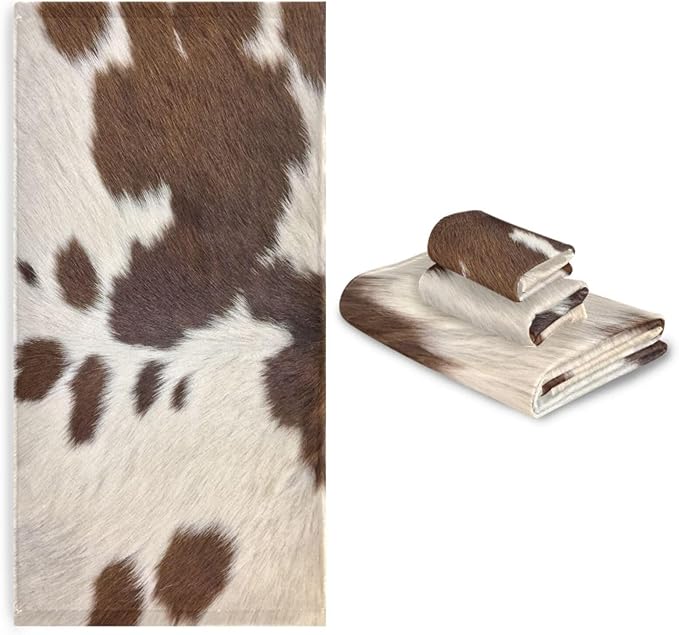 3 Piece Cowhide Print Bath Towel Set,Microfiber Decorative Brown Beige Cow Print Western Farmhouse Animal Bathroom Towels,1 Bath Towel 1 Hand Towel for Bathroom Kitchen,1 Washcloth for Face