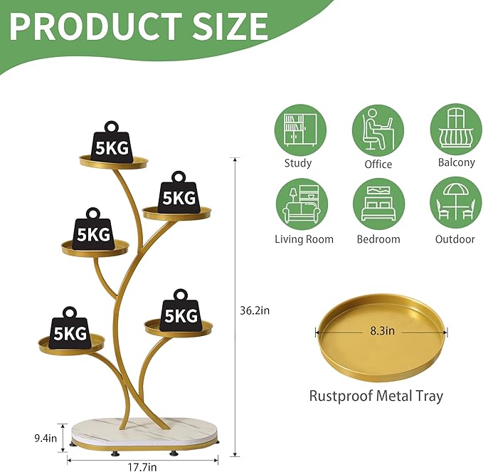 Golden 5 Tier Wood Metal Tall Shelf Multiple Plant Holders Plant Stand for Indoor, Outdoor, Corner, Living Room, Balcony, and Bedroom