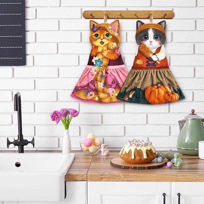 PAT JUUMG Cat Hand Towels, Cute Decorative Hanging Face Towels for Bathroom Kitchen, Super Absorbent Soft, Cat Lovers Gifts for Women, Housewarming for People Who Love Cats