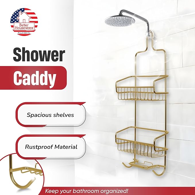 Better Houseware Shower Caddy - Shower Organizer Shelves with Hooks, Rustproof Shower Storage Rack for Shampoo, Conditioner, Soap, Bath Sponge - Gold (Caddy + Soap Holder)