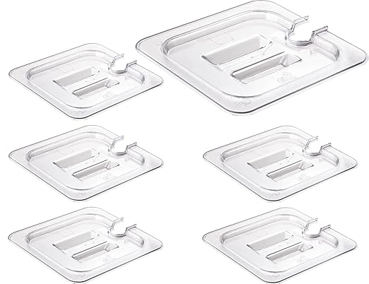 CURTA 6 Pack NSF Notched Food Pan Cover, 1/6 Size Clear Polycarbonate Lid with Handle for Commercial Food Pan, Dishwasher & Freezer Safe Plastic Clear