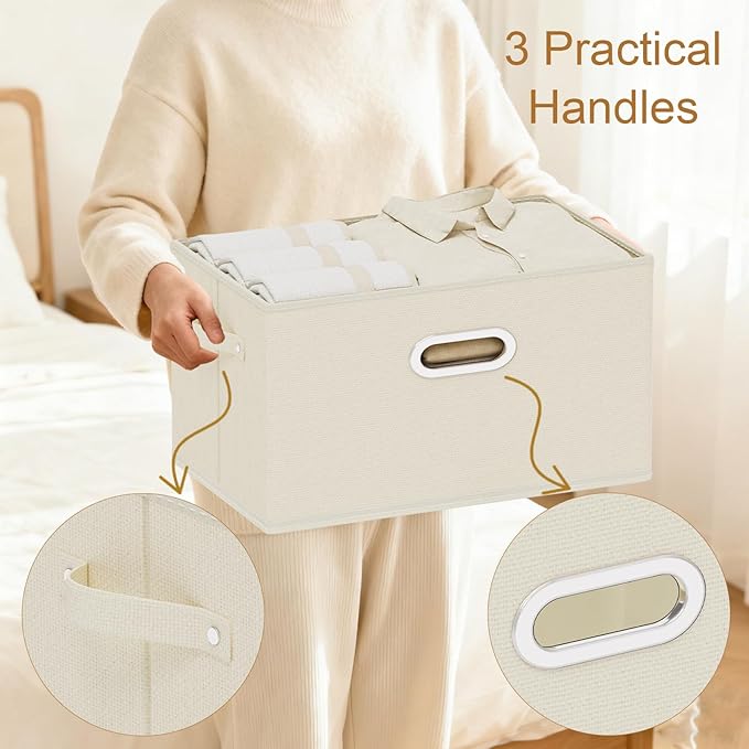Foldable Cloth Basket with 4 Handles, Decorative Open Storage Boxes, Stackable Cube Organization, Fabric Bins for Shelves, Closet, Living Room, 10.2x7.9x6.7in, Beige, 4 Pack