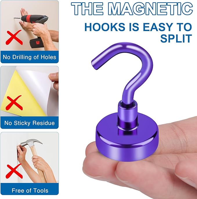 LOVIMAG Cruise Ship Essentials, 85Lb Magnetic Hooks for Cruise Cabins, Purple Strong Magnetic Hooks for Hanging, Refrigerator, Celling, Grill, Fridge, Kitchen-4Pack