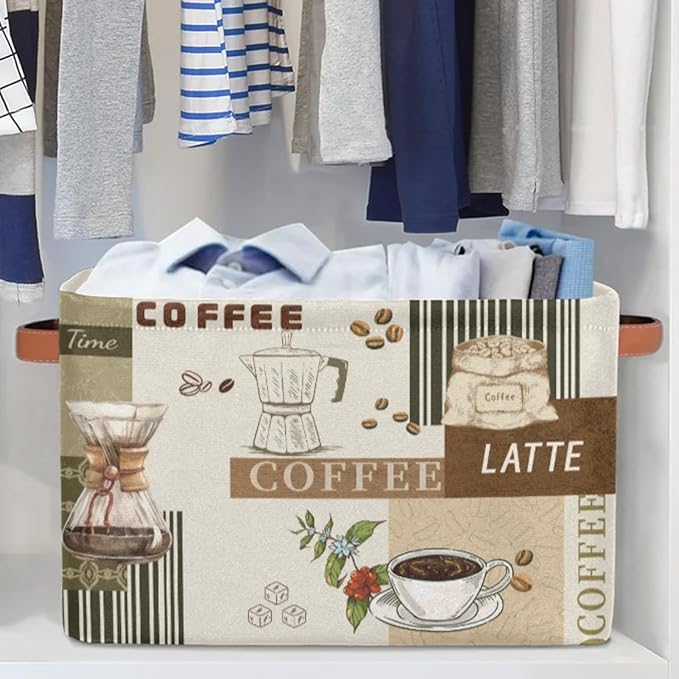 Rectangle Storage Baskets for Organizing - Foldable Storage Bin Cubes with Handles, Large Organizer Bins Boxes Toy Closet Shelf Nursery Laundry Basket, 1 Pcs(Coffee Time Theme)