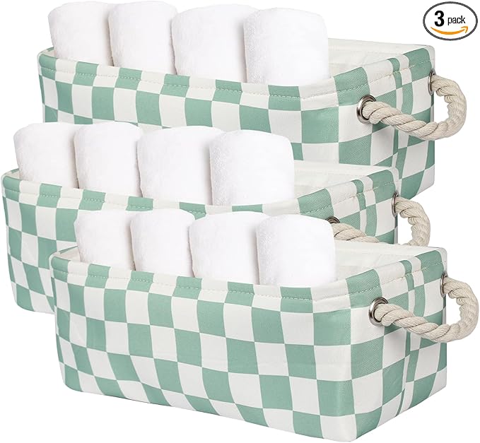 3Pcs Sage Green Checkered Canvas Basket, Small Rectangular Organizing Decorative Storage Basket for Kids, Dog Toy, Cute Aesthetic Checkered Room Decor for Home, Bedroom, Shelves (Green)