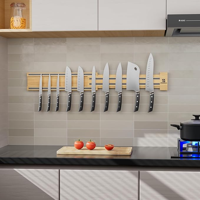 Extendable 32Inch Magnetic Knife Holder for Wall with Screw & Adhesive Mounting, Wood Magnetic Knife Strip from 16 to 32 Inch for Knife Bar, Knife Holder, Kitchen Utensil Organizer or Tool Room
