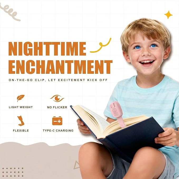Rechargeable Kids Book Light, Cute Bookmark Reading Light for Kids, Dimmable Portable LED Book Light for Reading in Bed, Eye-Caring Bedtime Reading Lamp for Children & Travel, Light Pink