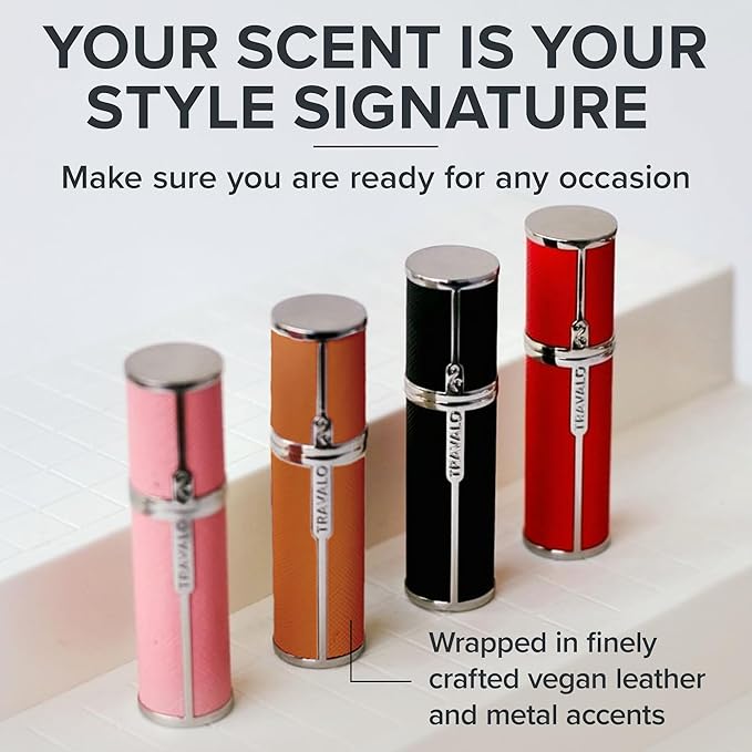 Milano Perfume Atomizer - Leak-Proof and TSA Approved for Air Travel - Reusable, Airtight, Easy Fill Mini Pump Sprayer - Lightweight, Vegan Leather with Polished Metal Outer Shell - Orange