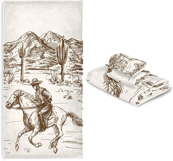 3 Piece Western Cowboy Bath Towels Set,Microfiber Absorbent American Country Riding Horse Cactus Desert Towels for Bathroom,1 Bath Towel,1 Hand Towel,1 Washcloth,Decorative Bathroom Towels