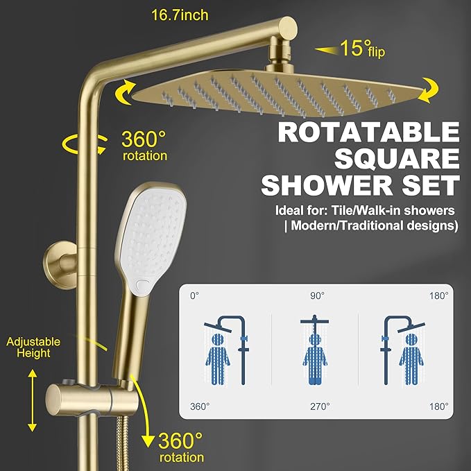 SonTiy Rain Shower Head System with Handheld Spray, 360° Adjustable Shower Arm Exposed Showerhead Kit with Caddy for Whole Family, Brushed Gold
