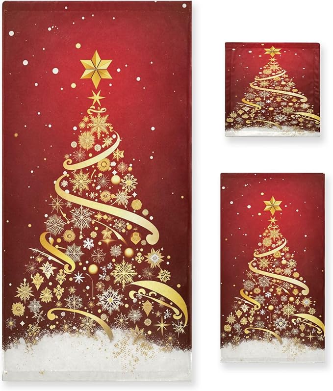 Golden Snowflakes Christmas Tree Forest Towels Set of 3 Winter Red Snowy Christmas Bathroom Towel Soft Absorbent Bath Hand Towels Washcloth Guest Towel Sets Xmas Holiday Decor
