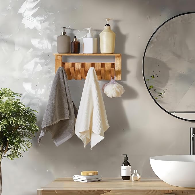 YMYNY Coat Rack Wall Mount with Shelf, Wall Shelf with Retractable Hooks, Wooden Wall Coat Rack for Hanging Clothes/Coats/Keys/Hats/Towels/Bags, Natural, HWS008N