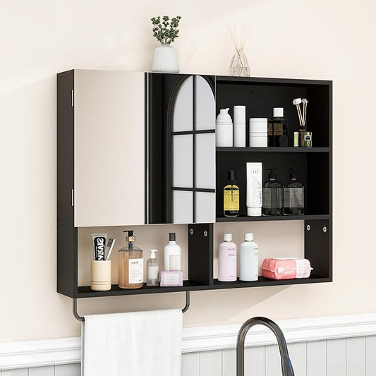 Medicine Cabinet, Wooden Bathroom Wall Cabinet with 2 Doors, Adjustable Shelves & Towel Bar, Over Toilet Storage Cabinet Wall Mounted for Laundry with Mirror, Black