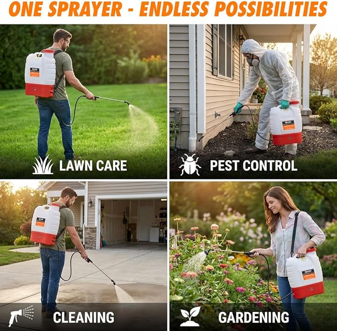 Battery Powered Backpack Sprayer - 4.2 Gallon, 8 Nozzles, 100PSI Cutoff, Long Battery Life, Wide Mouth, High-Pressure Spray Hose, Trigger Lock, Pressure Knob Controller