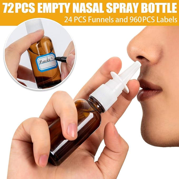 120 Pcs Nasal Spray Bottle, 1OZ/30ML Brown Refillable Empty Nasal Spray Bottles Glass with 24 Funnels and 24 Labels