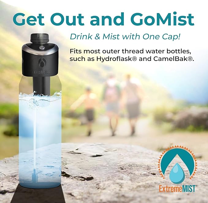 The GoMist Misting & Drinking Bottle Cap – Convert Your Water Bottle to a Drinking AND Misting Bottle - Adds Portable, High-Pressure Misting Spray for Cooling Off, Outdoor Activities, Hiking, & Sports