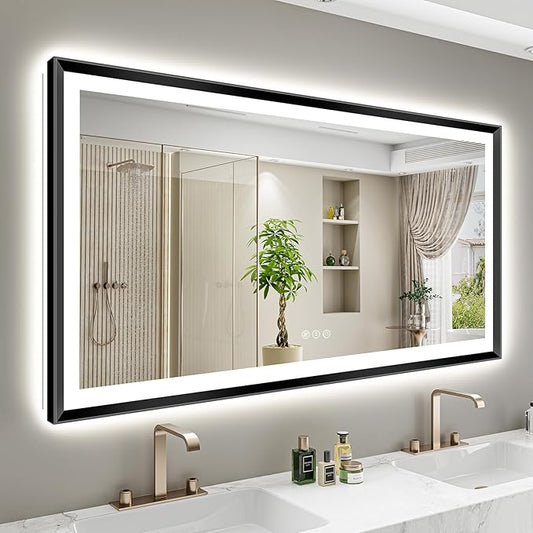 60x36 Black Framed LED Bathroom Mirror with Lights, Backlit and Front Light, Lighted Bathroom Vanity Mirror for Wall Dimmable Anti-Fog Memory Tempered Glass Horizontal/Vertical