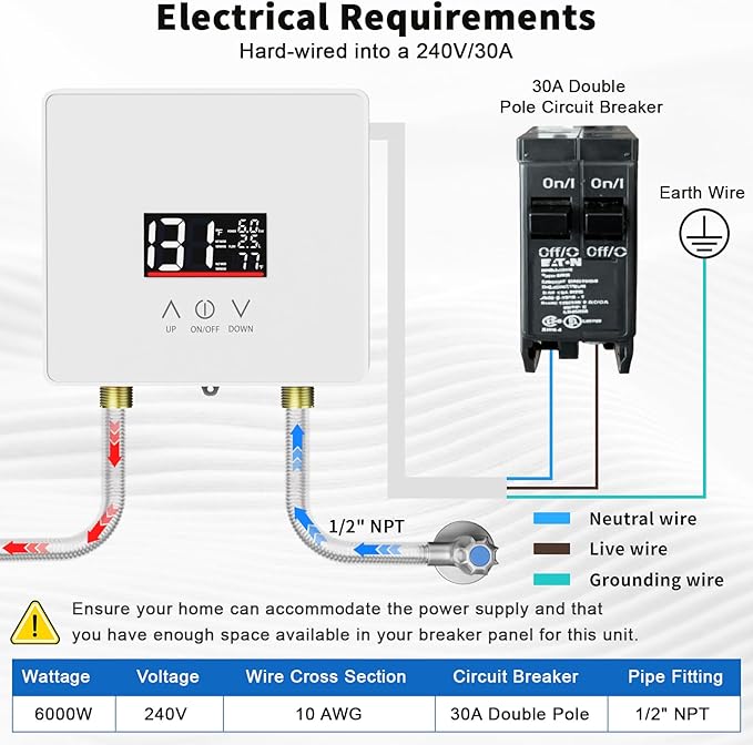 Tankless Water Heater Electric, 240V 6000W Under Sink Instant Water Heater with Digital Display Touch Screen On-Demand Water Heater Point Of Use for Kitchen, Bathroom, Laundry, RVs