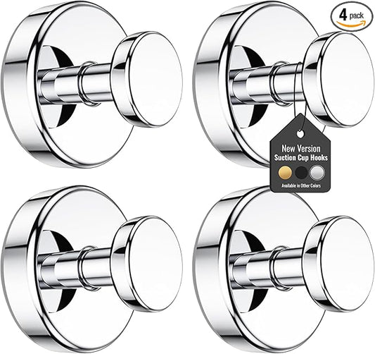 Suction Cup Hooks 4 Pack – No Drill Heavy Duty Bathroom Towel Hooks, Removable Stainless Steel Shower Hooks for Kitchen, Glass, Door, Bathrobe & Coat