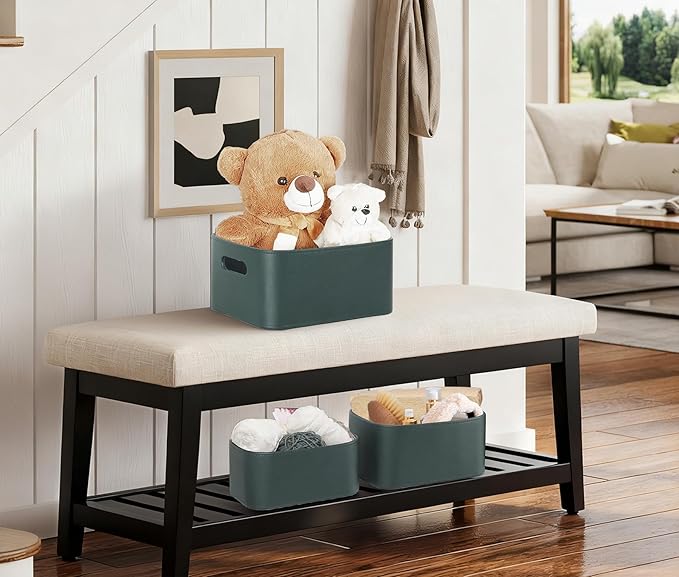 HofferRuffer Faux Leather Storage Baskets Bins with Velvet Lining for Organizing, Storage, Gifts, Set of 3 Nesting Shelf Baskets Decorative Storage Boxes for Home Organization (Green)