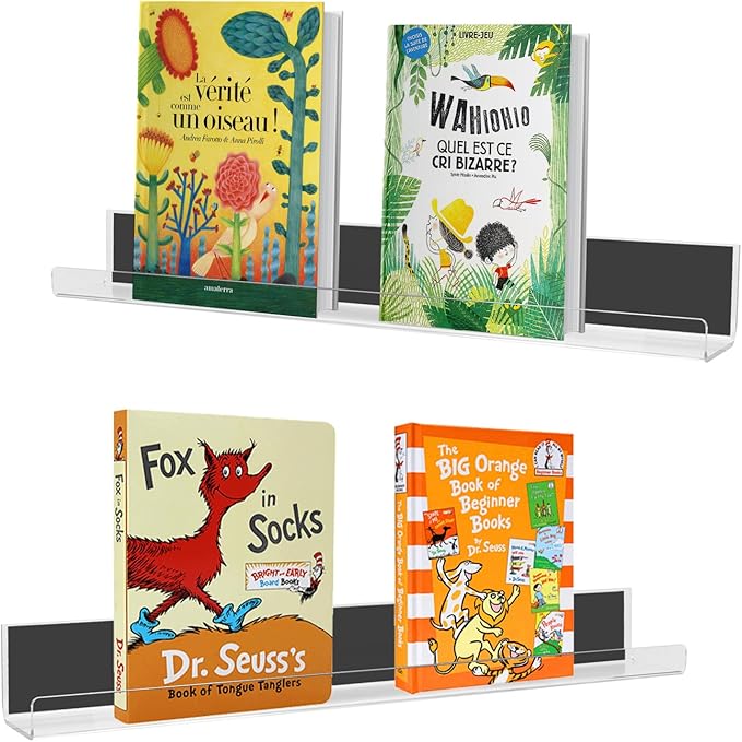 2 Pack Magnetic Book Shelf for Classroom, Strong 8.8lb Magnet Acrylic Whiteboard Shelves, Teacher Supplies Organizer for Kids Books, Posters, Flash Cards, Classroom Accessories Storage (transparent)