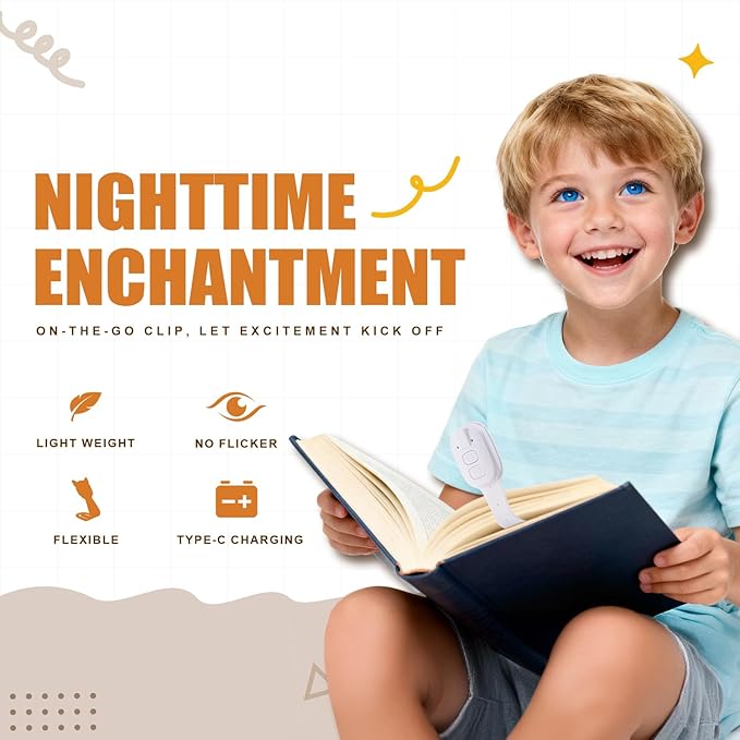 Rechargeable Kids Book Light, Cute Bookmark Reading Light for Kids, Dimmable Portable LED Book Light for Reading in Bed, Eye-Caring Bedtime Reading Lamp for Children & Travel, White