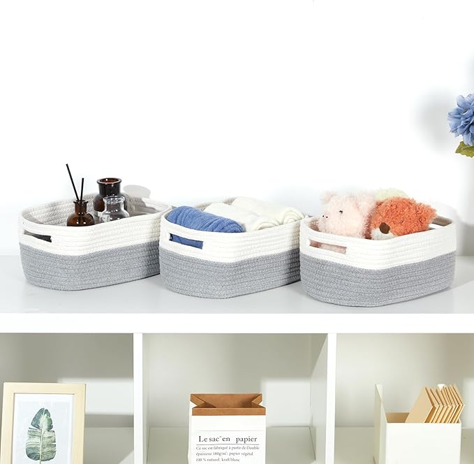 Bidtakay Small Cotton Rope Storage Baskets for Organizing 3 Pack Woven Baskets for Storage Closet Organizer Bins for Shleves 11.8×7.8×5 inch Cute Boho Decorative Basket with Handles - White&Grey