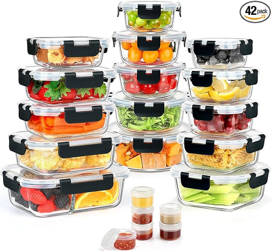 42pcs Glass Food Storage Containers with Snap Locking Lids Set, Glass Meal Prep Containers (21 Container & 21 Lids),Leak Proof Lunch Containers BPA-Free,Black