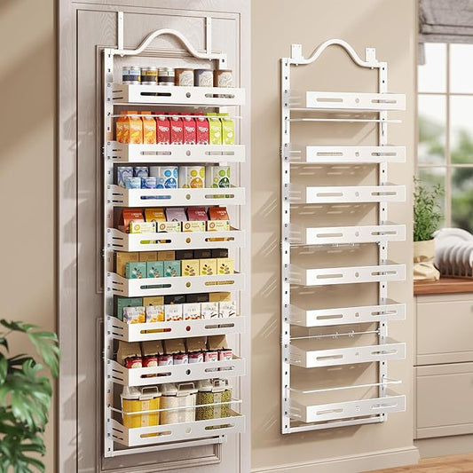 8-Tier Over The Door Pantry Organizer, Large 2 IN 1 Wall Mount or Hanging Spice Rack, Pantry Door Organizer and Storage with Adjustable Basket, Door Spice Rack for Pantry, White