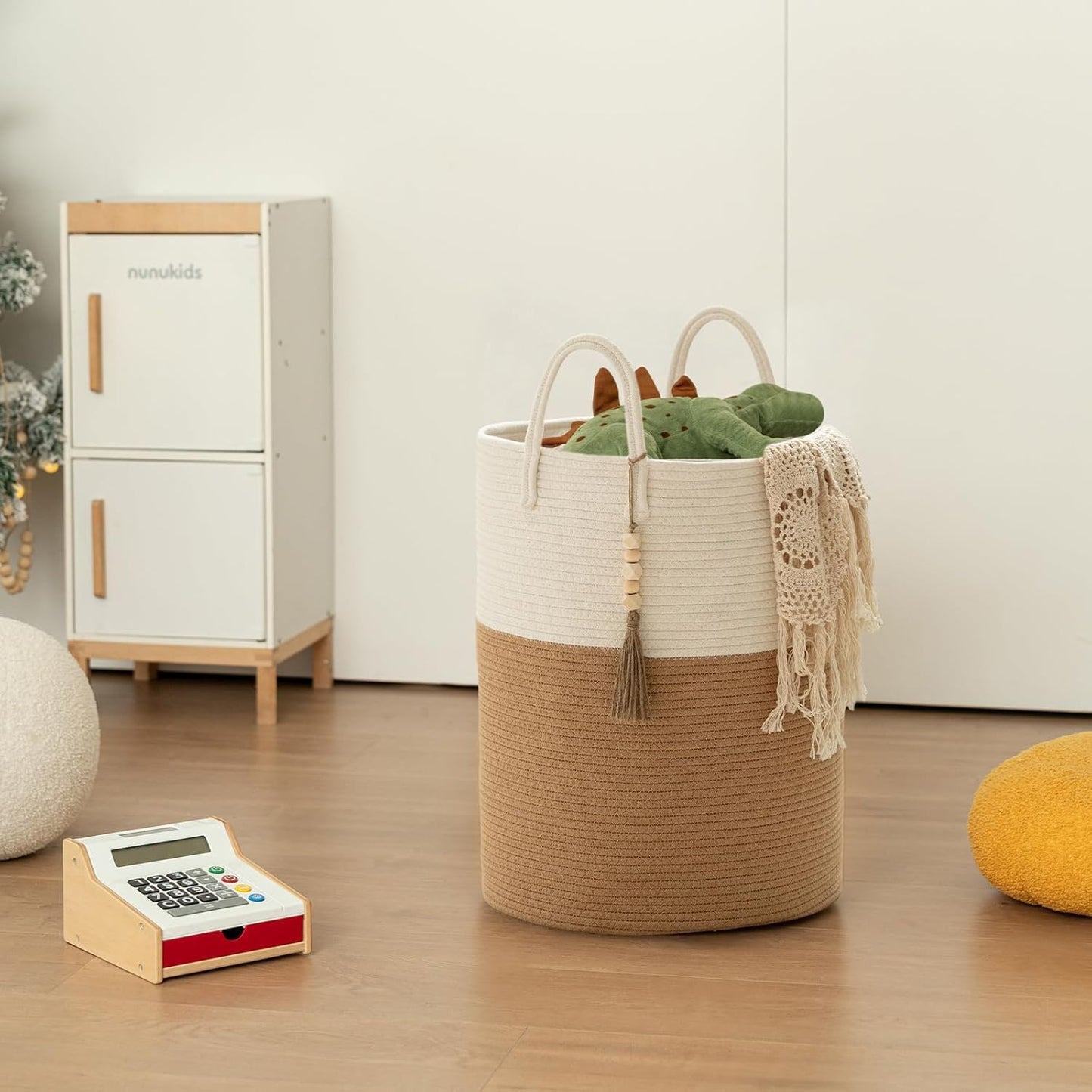 Boho Cotton Rope Storage Basket with Wooden Tassels