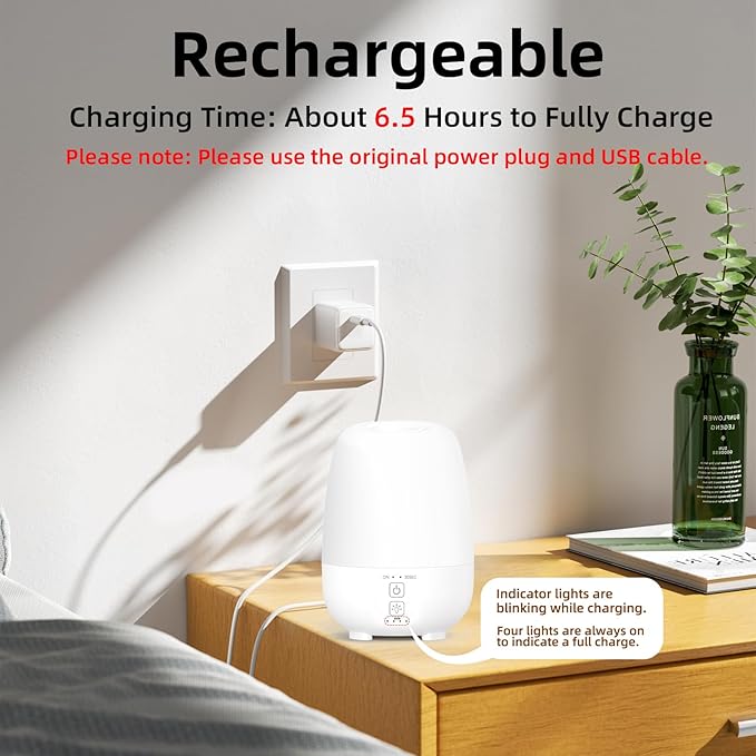 150ML Cordless Essential Oil Diffuser, Built-in 6000mAH Rechargeable Battery, 7 Hours Run Time, 7 Colors LED Light, Portable Aromatherapy Diffuser for Home, Outdoor, Travel (White)