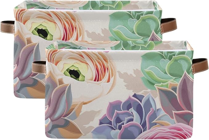 susiyo Large Foldable Storage Bin Succulent Flowers Cactus Fabric Storage Baskets Collapsible Decorative Baskets Organizing Basket Bin with PU Handles for Shelves Home Closet Bedroom Living Room-2Pack