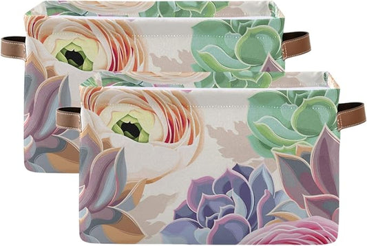 susiyo Large Foldable Storage Bin Succulent Flowers Cactus Fabric Storage Baskets Collapsible Decorative Baskets Organizing Basket Bin with PU Handles for Shelves Home Closet Bedroom Living Room-2Pack